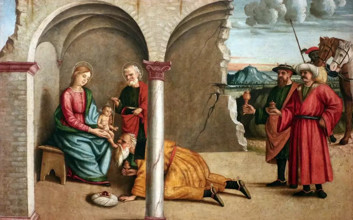 Agabiti's Adoration of the Magi masterwork showing Renaissance architectural elements and sacred figures