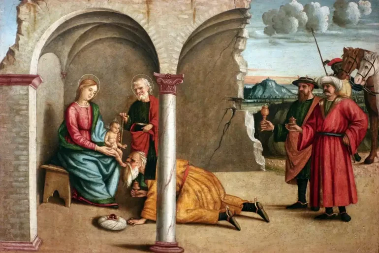 Agabiti's Adoration of the Magi masterwork showing Renaissance architectural elements and sacred figures