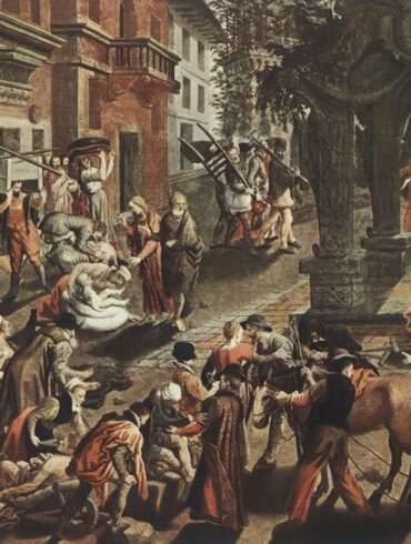Apostles Peter and John moving through city streets, painted by Aertsen with masterful light and shadow effects