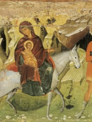 Flight into Egypt icon showcasing the full composition with holy family and landscape elements