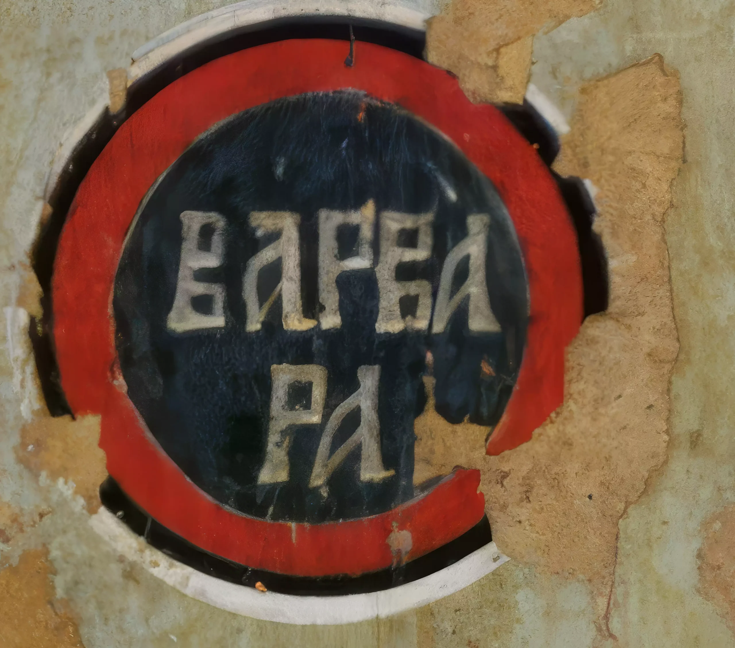 Greek inscription 'Η ΑΓΙΑ ΒΑΡΒΑΡΑ' (Saint Barbara) in luminous vermillion Byzantine lettering.