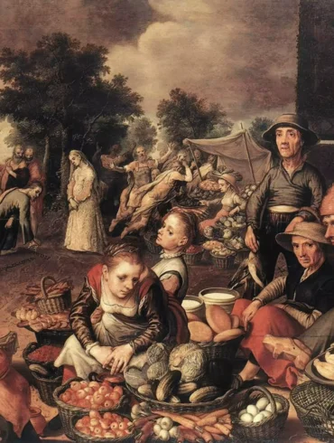 Pieter Aertsen's masterwork showing market vendors and produce with biblical scene in background, oil on wood