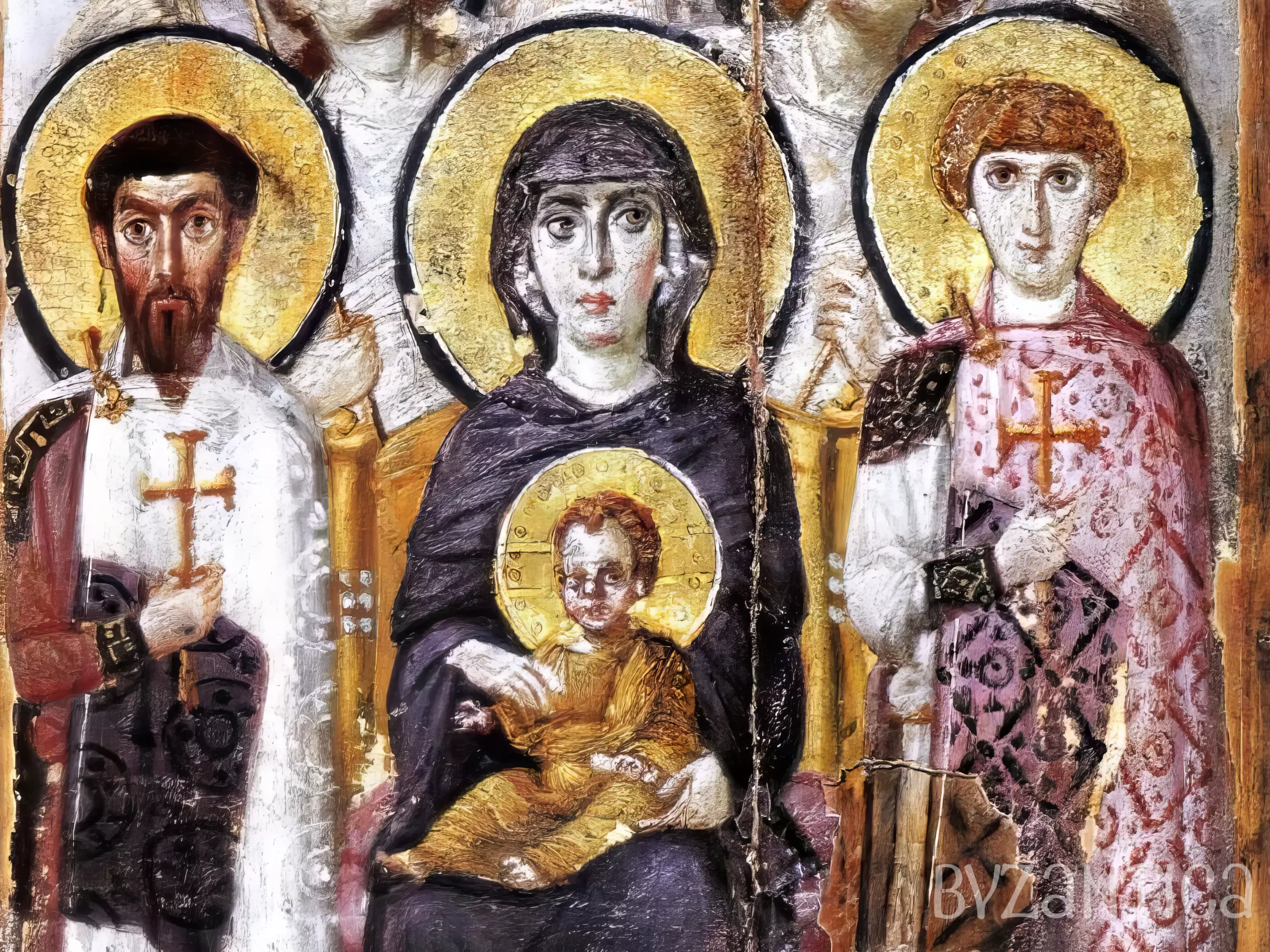 Byzantine icon revealing Theotokos and Christ ans Saint george and other Saints, encaustic technique, detail.