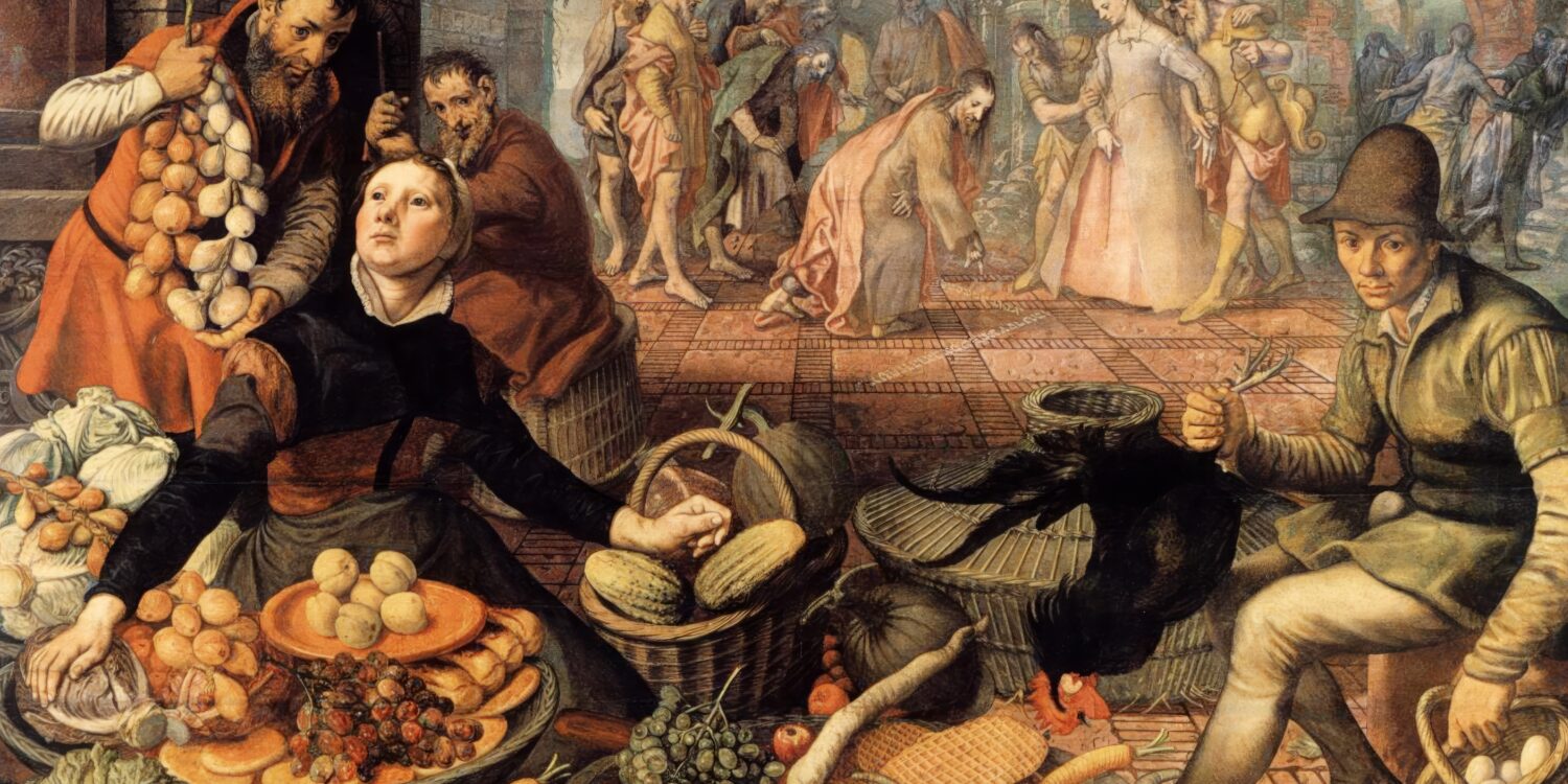 Christ and the Adulteress by Aertsen showing rich market scene with biblical narrative in background. HD