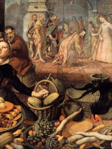 Christ and the Adulteress by Aertsen showing rich market scene with biblical narrative in background. HD