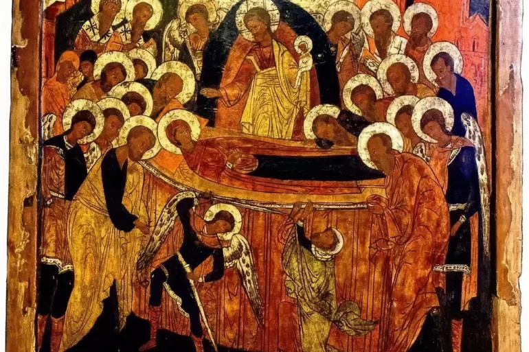 Icon of the Dormition from Novgorod School showing Christ receiving Mary's soul in detail