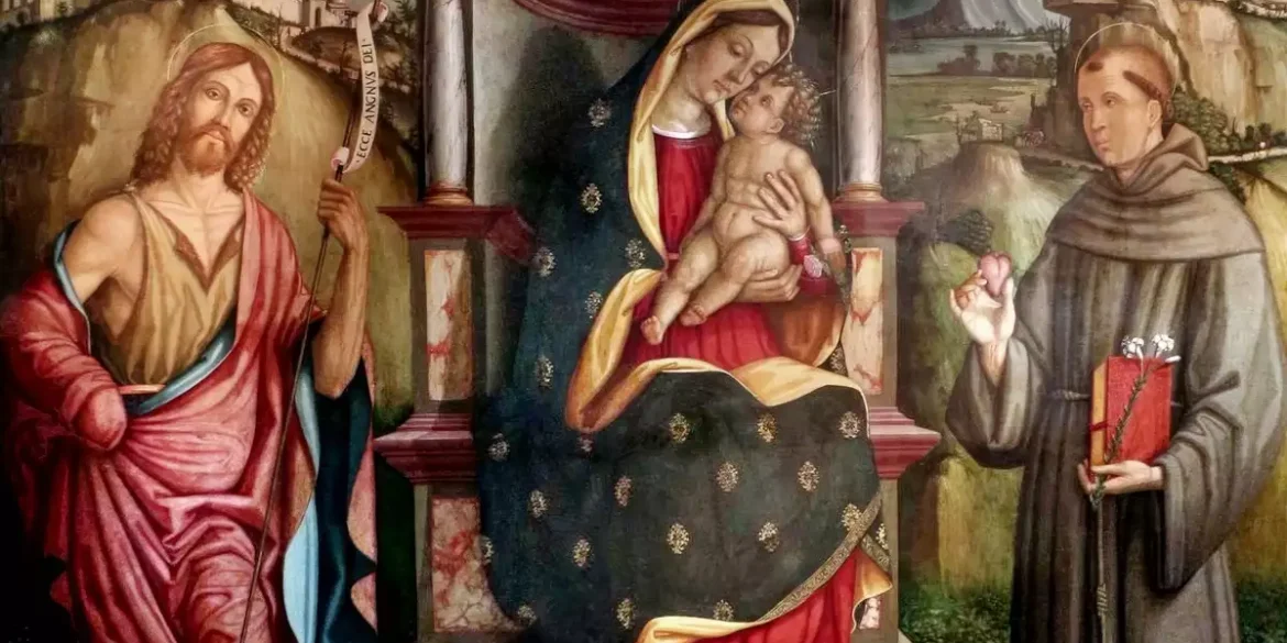 Detail of Virgin and Child from Agabiti's Virgin Enthroned altarpiece showing tender interaction