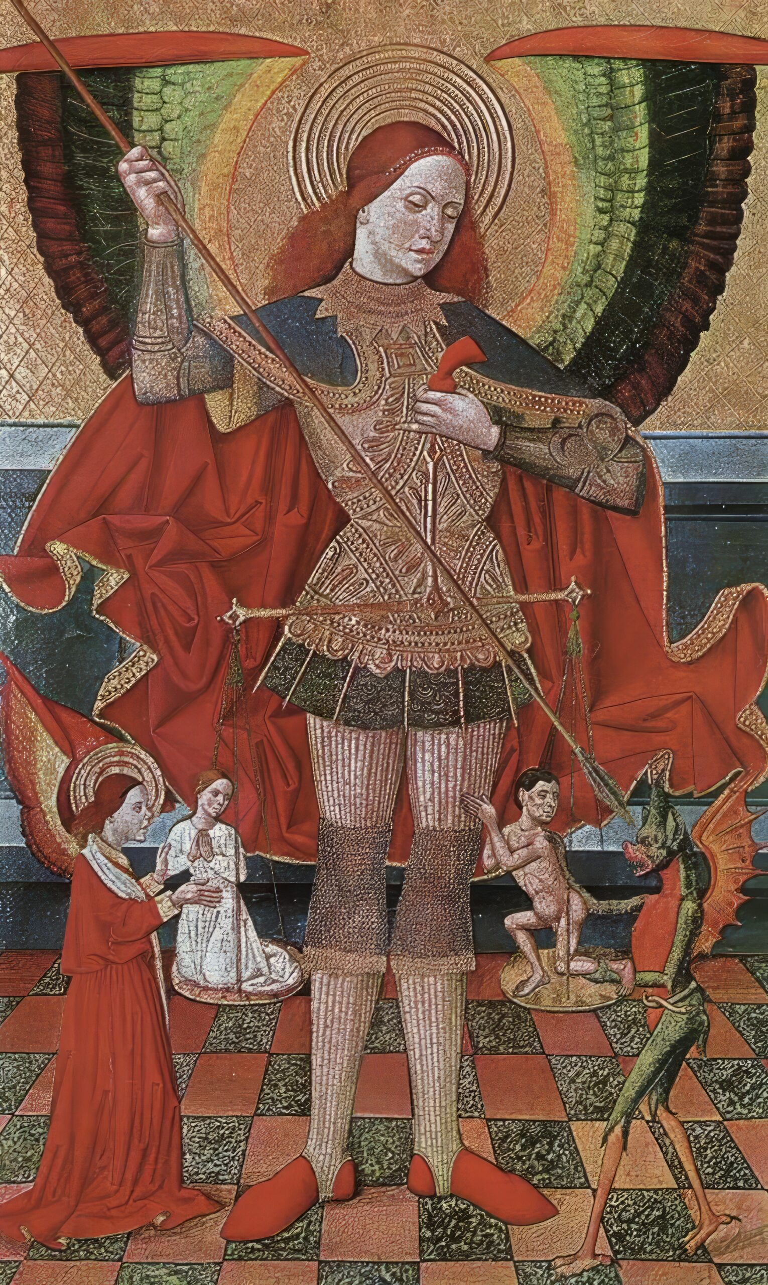 Abadia's Archangel Michael, full panel showing the divine warrior in Gothic splendor against golden background