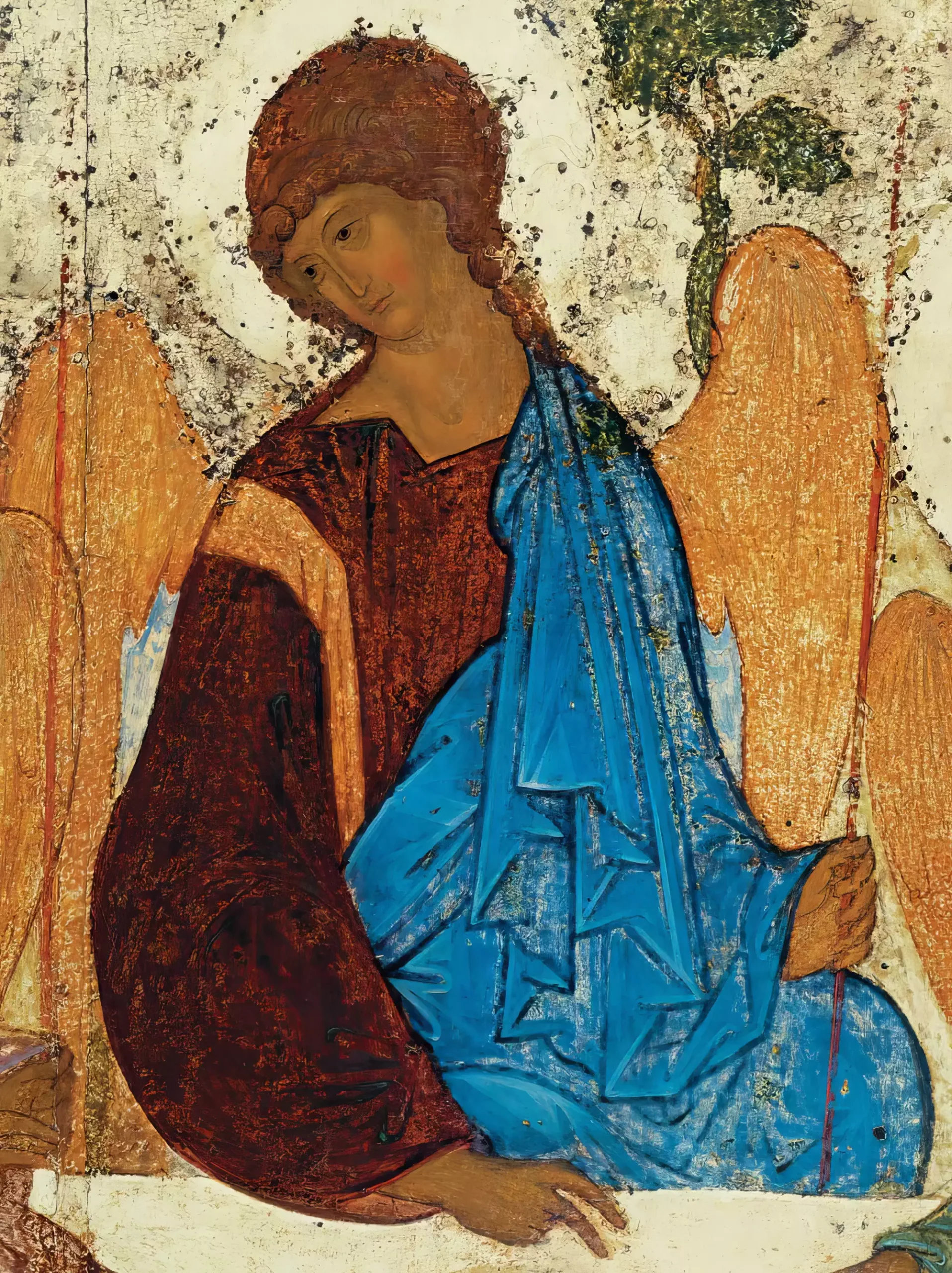 A contemplative detail from Andrei Rublev's Trinity Icon (1425-1427), focusing on the central angel's face and upper body, showcasing the masterful use of blue pigments and gold leaf against a luminous background 3
