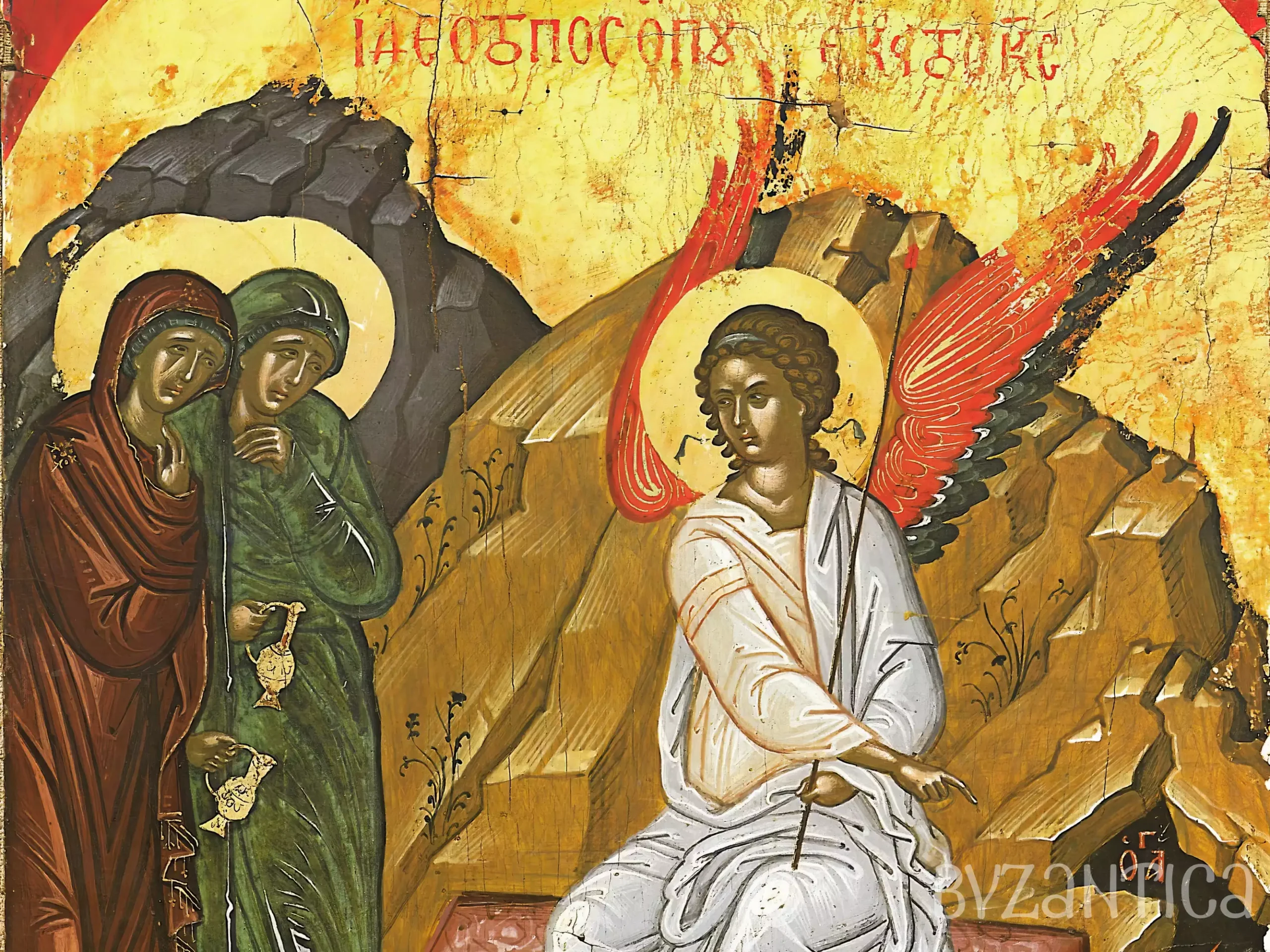 Winged angel detail from Myrrh Bearers icon by Theophanes showcases masterful Byzantine iconography