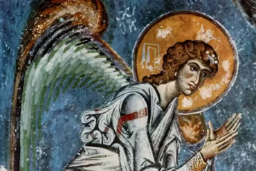 Angel frieze in Saint Sophia shows a celestial messenger in prayer, detail from 11th century Byzantine fresco in Ohrid