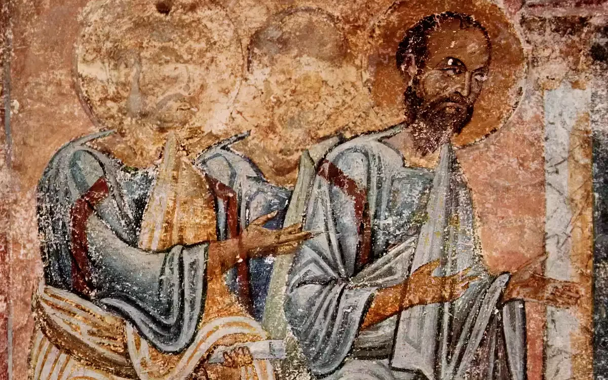 Apostles Communion scene detail showing two apostolic figures with golden halos against salmon-pink background