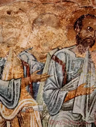 Apostles Communion scene detail showing two apostolic figures with golden halos against salmon-pink background