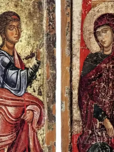 Detail view of Archangel Gabriel from the Annunciation Doors in Timios Stavros showing delicate Byzantine brushwork