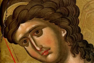 Archangel Gabriel in Vatopedi Byzantine icon detail showing the angel's face with refined modeling and spiritual depth