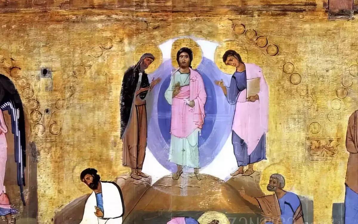 Detail of Christ's baptism from Dodekaorton epistyle in Saint Catherine showing masterful Byzantine tempera technique