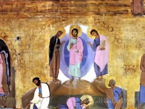 Detail of Christ's baptism from Dodekaorton epistyle in Saint Catherine showing masterful Byzantine tempera technique