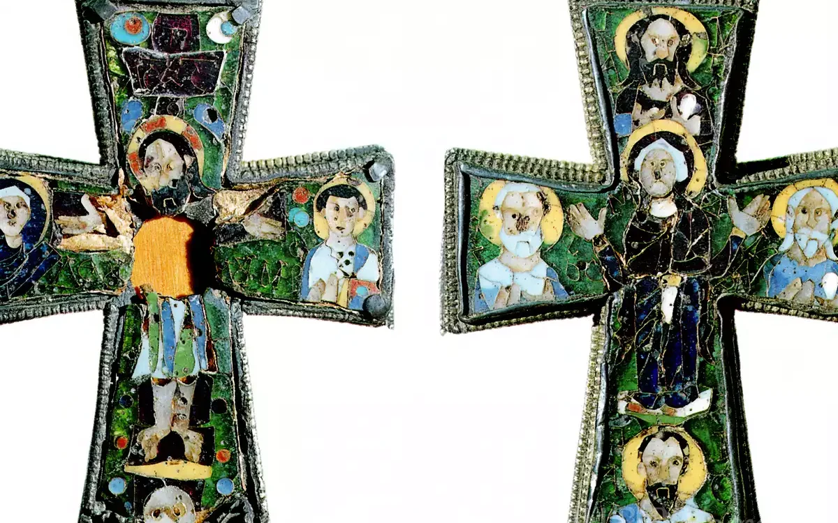Intricate detail of the Beresford Hope Cross showing Byzantine cloisonné enamel work and saint figures in gold settings