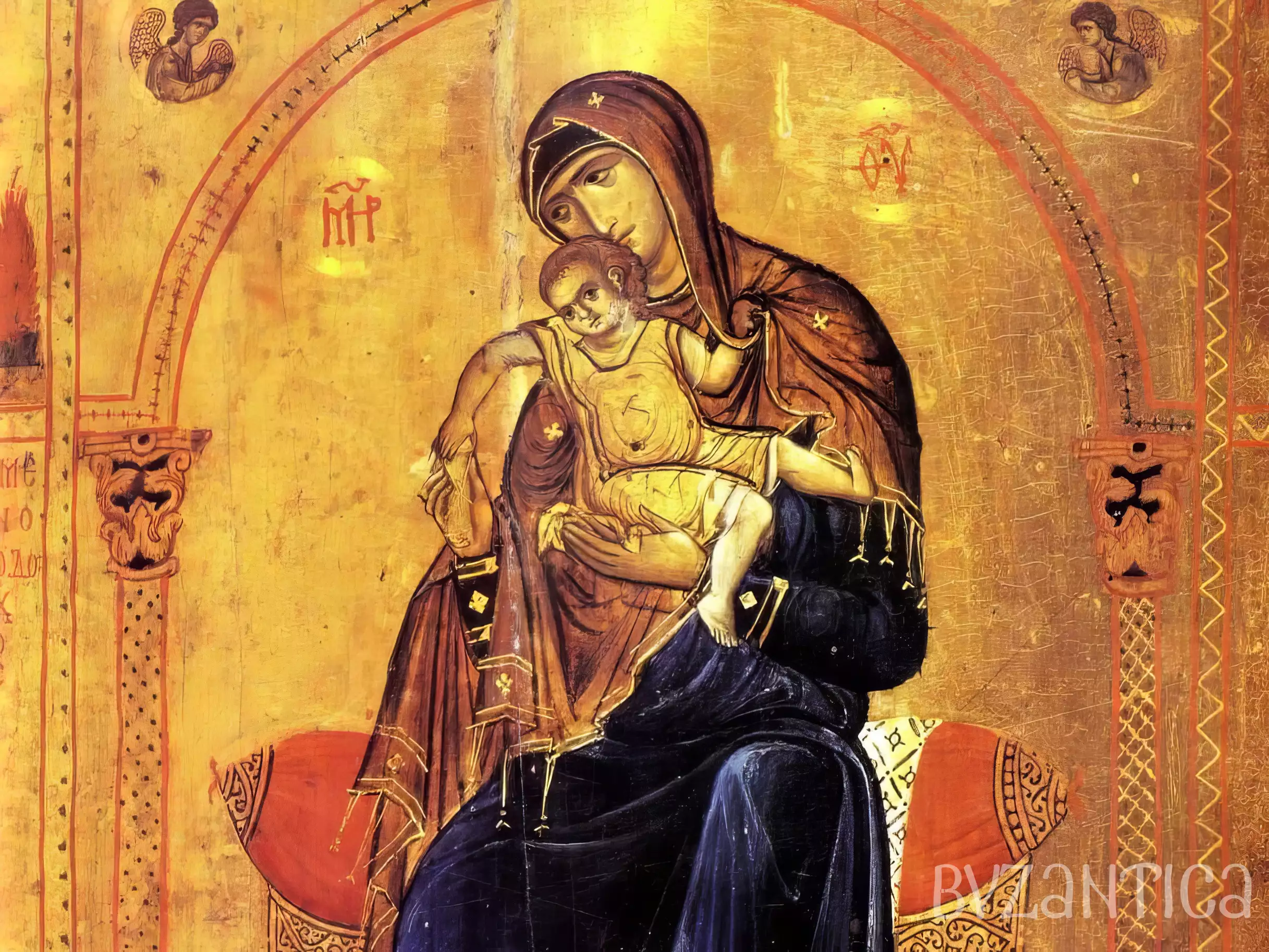 Theotokos Kykkotissa at Sinai detail shows tender embrace of Mother and Child in byzantine icon
