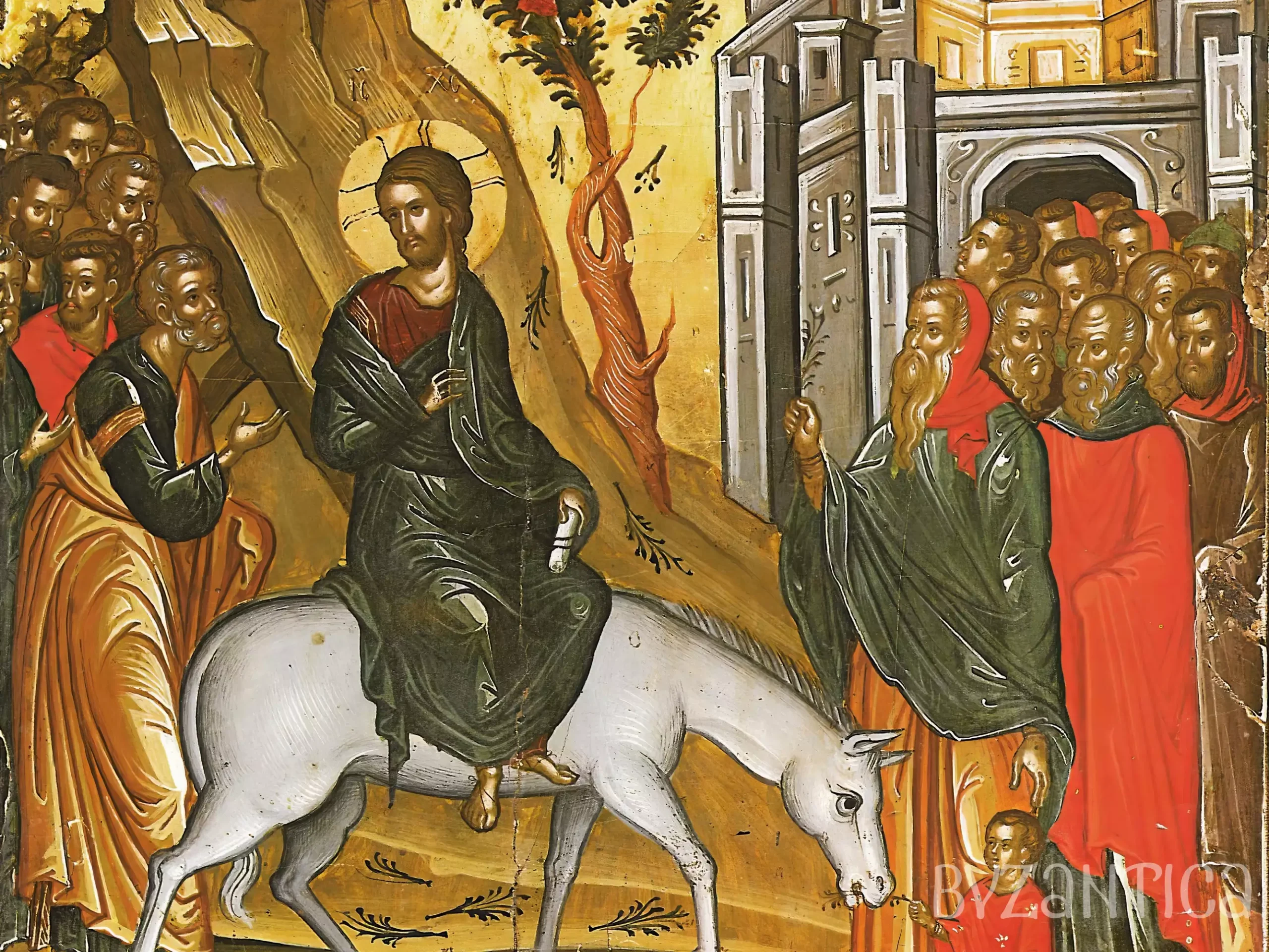 Palm Sunday icon by Theophanes detail showing Christ mounted on white donkey against gold background