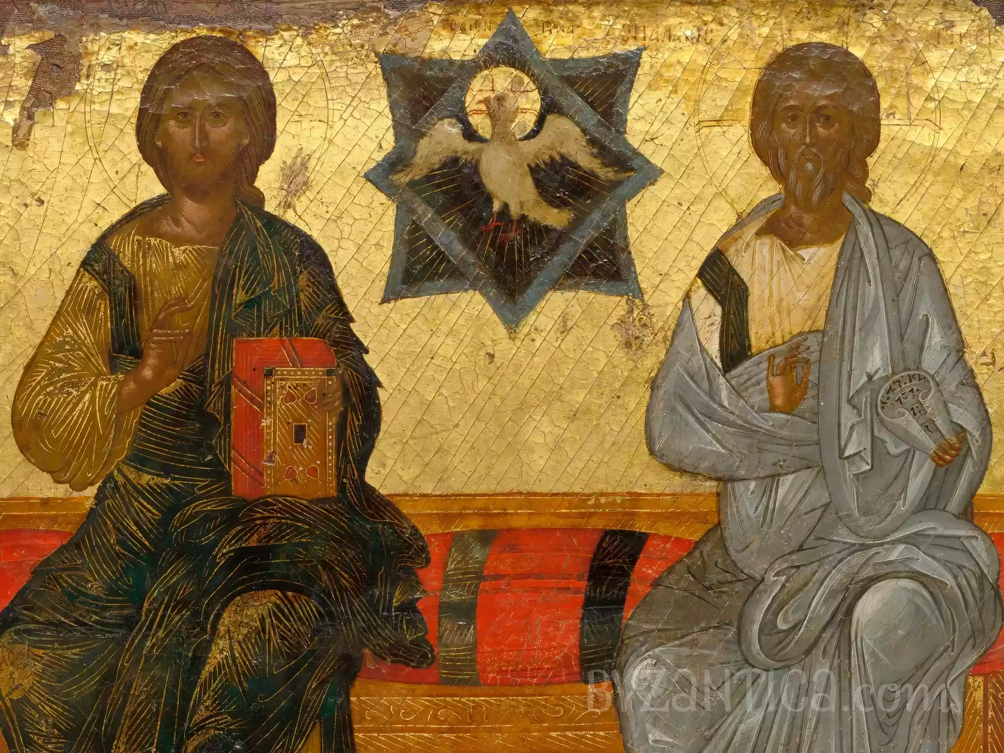 Central detail with Holy Spirit dove from Trinity icon at Cleveland tempera painting