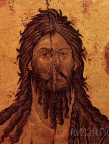 Striking facial detail from John the Forerunner in Kerkyra icon showing masterful Byzantine technique and spiritual depth