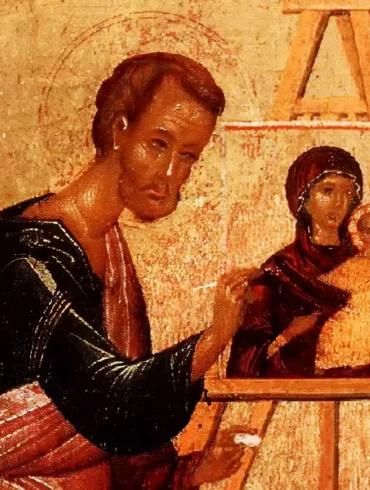 Detail showing Saint Luke's contemplative face in three-quarter view from a 16th century Byzantine icon depicting him painting the Virgin Hodegetria
