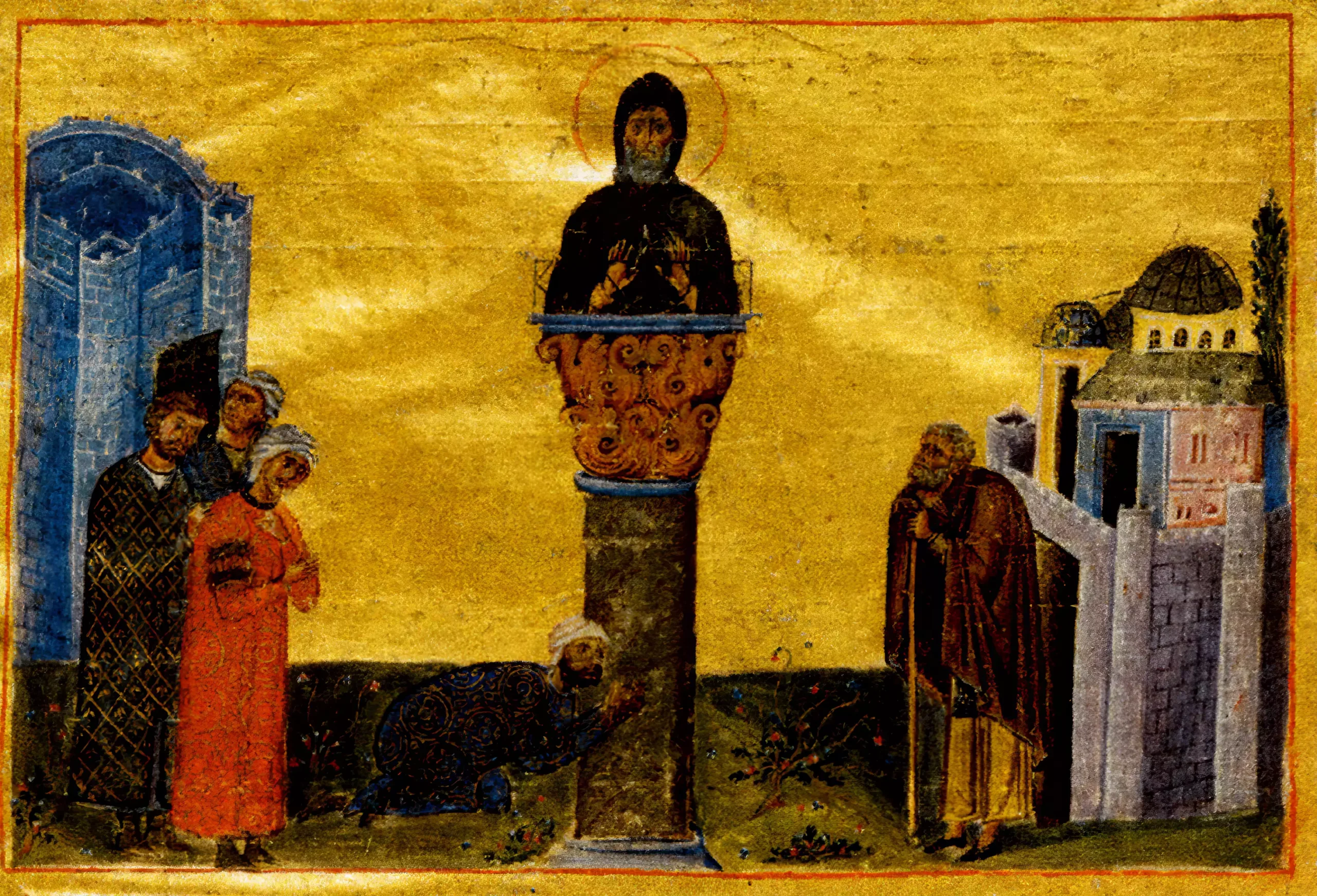 Detail from Menologion of Basil II by Master Pantoleon showing Saint Simeon Stylites atop his pillar - Byzantine manuscript illumination detail
