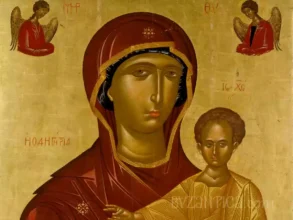 A detailed view of Virgin Hodegetria with Child by Lambardos showing Mary's contemplative gaze in this Byzantine masterpiece