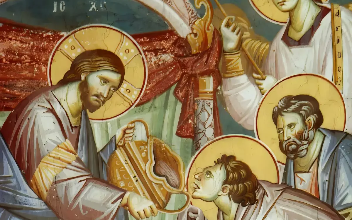 Divine Liturgy fresco showing Christ offering the chalice, masterful Byzantine sacred art