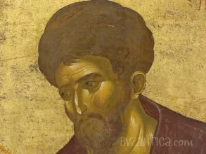 Detailed view of Saint Luke Evangelist in Vatopedi showing contemplative expression and masterful Byzantine technique