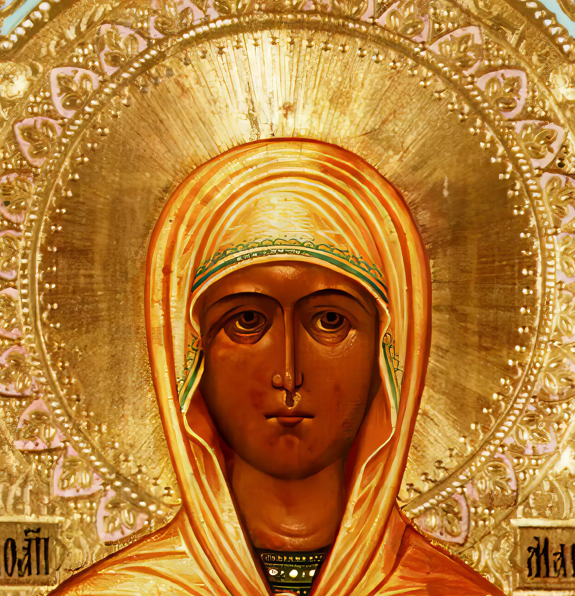 Close-up detail of Saint Mary Magdalene's face and nimbus from a 19th century Russian Orthodox icon, showcasing intricate gold leaf work