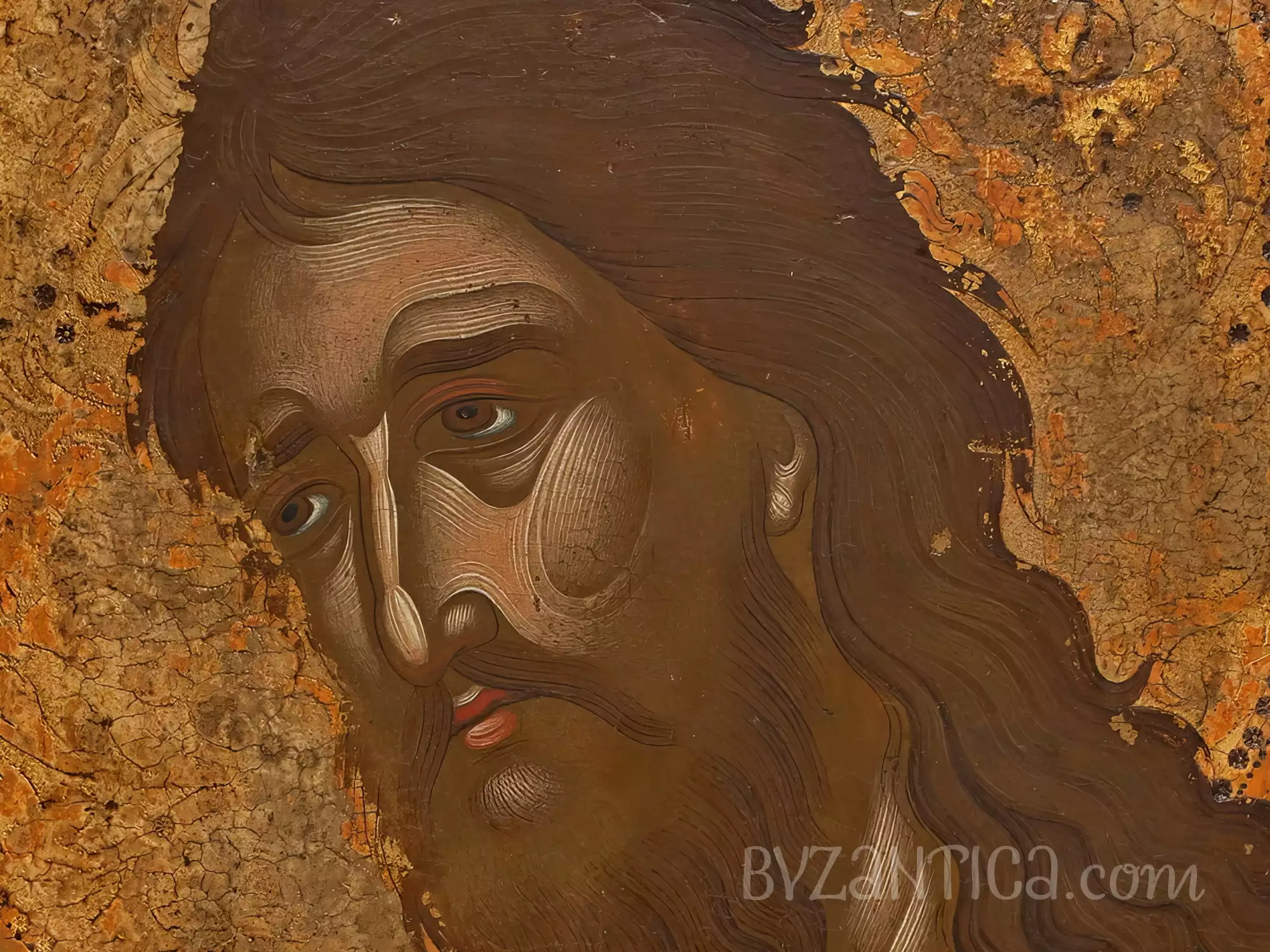Close-up detail of Saint John Baptist face from Princeton byzantine icon showing intense brown eyes and golden background