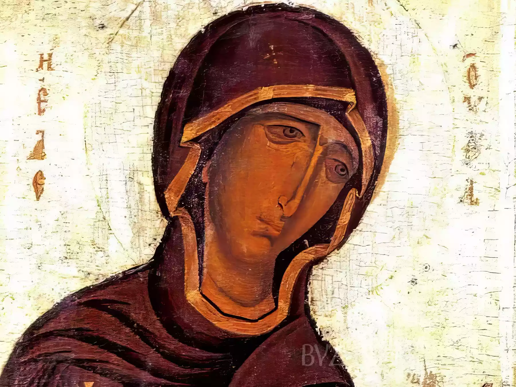 Face detail of Theotokos Eleousa in Neophytos Monastery Byzantine icon showing tender expression