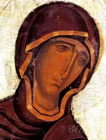Close-up detail showing the face of the Theotokos Eleousa in Neophytos Monastery, with gold highlights and deep burgundy tones