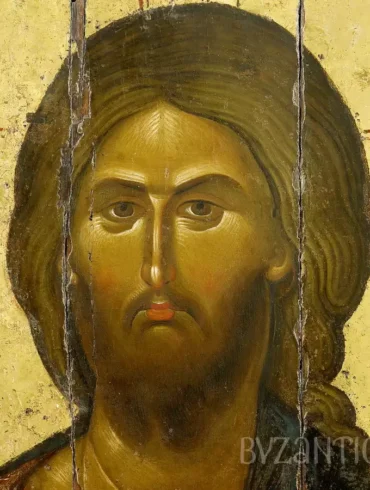Close-up detail of Christ Pantocrator at Vatopediou showing masterful Byzantine technique in rendering divine features