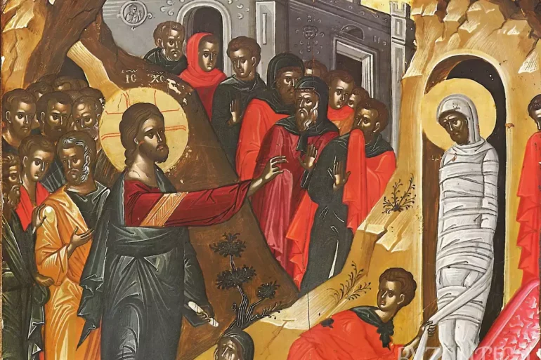 Lazarus Resurrection by Theophanes detail showing Christ commanding Lazarus to rise from tomb, UHD Byzantine icon