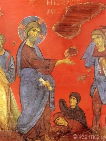 Lazarus Rising in Byzantine Museum detail showing Christ's commanding gesture and the wrapped figure of Lazarus