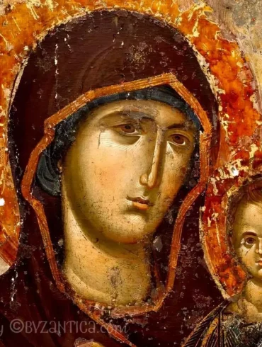 Lidianca Madonna from Neamt face detail showing masterful technique in Byzantine icon painting from Neamt Monastery