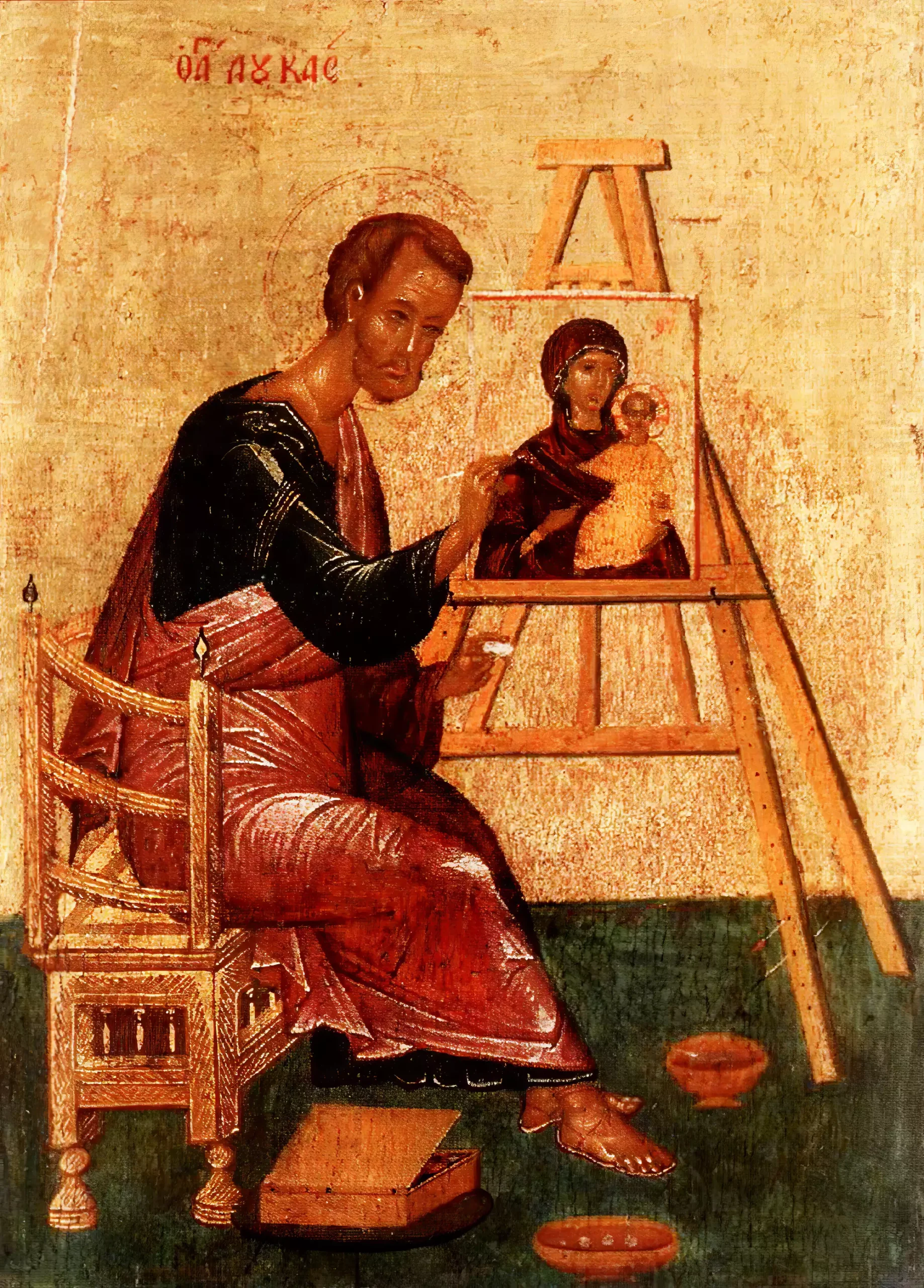 Saint Luke creating the first Hodegetria icon captured in exceptional UHD detail showing artistic mastery