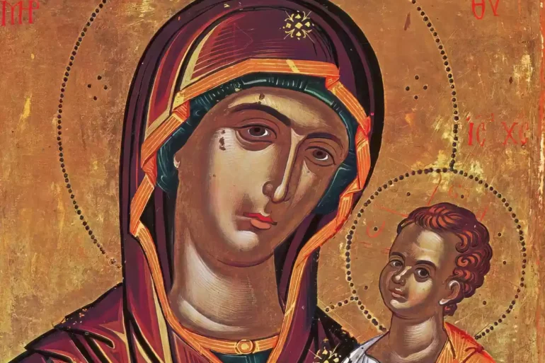 Mary and Jesus by Theophanes, showing the Virgin's face detail from the Byzantine icon at Stavronikita Monastery