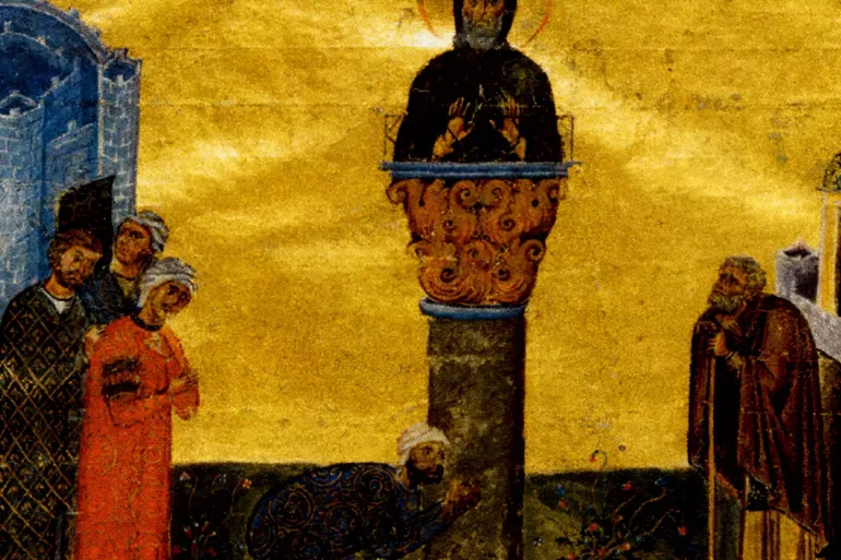 Menologion Vatican illustration detail showing Saint Stylites atop column against golden background