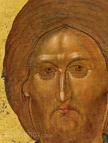 Pantocrator icon of Vatopedi: Close-up detail showing Christ's penetrating gaze against gold leaf background