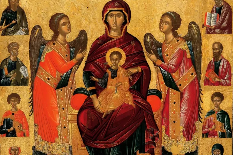 Stunning detail of Ritzos's Enthroned Virgin showing central figures against brilliant gold ground