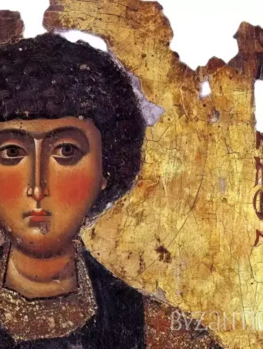 Detail of Saint Panteleimon icon in Megisti Lavra showing facial features against gold background, 12th-century Byzantine art