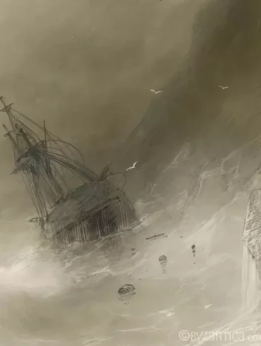Shipwreck by Aivazovsky detail showing stormy seas and tilting ship against dramatic cliffs in atmospheric gouache
