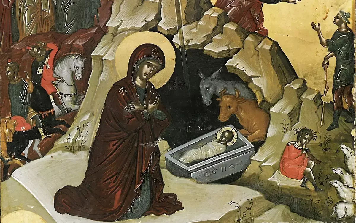 Close-up detail of the Stavronikita Nativity icon showing Mary and Christ child in cave setting