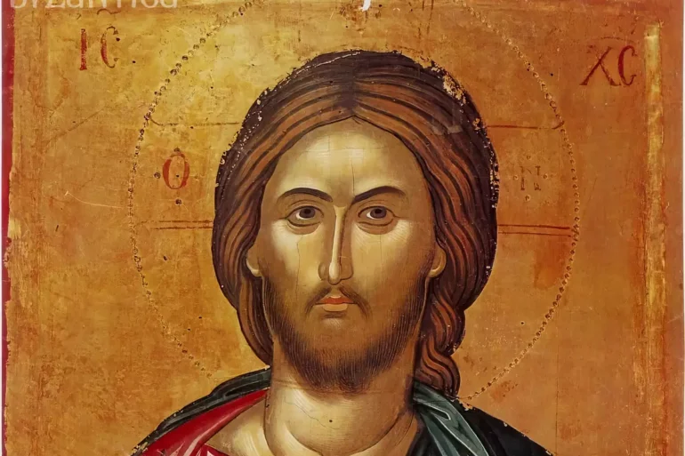 Stavronikita Pantocrator face detail by Theophanes the Cretan, close-up showing masterful Byzantine technique