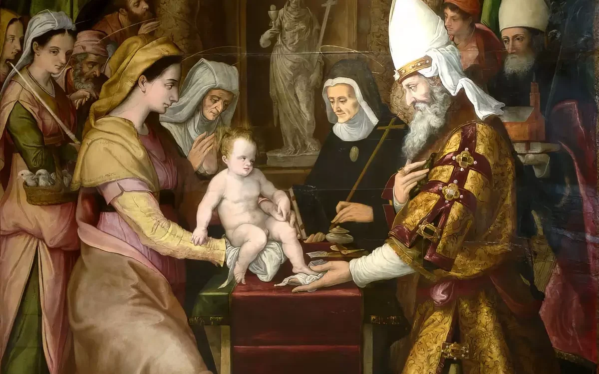 The Circumcision by Agresti detail showing the tender moment between Virgin Mary and Christ child in Renaissance style
