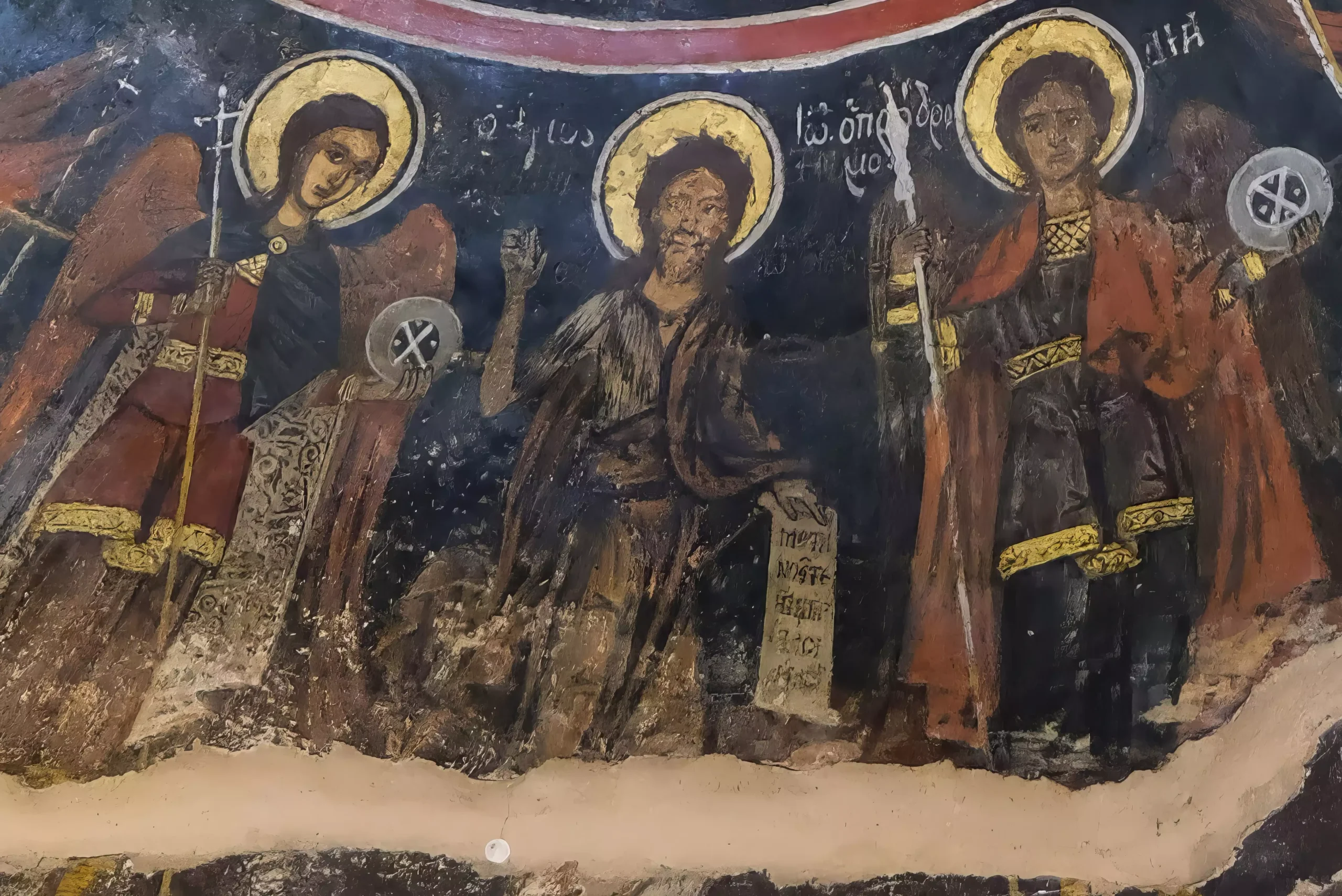 A study of John the Baptist, Angel, and Saint from the lower register of Pelekiti Monastery's dome, showcasing the harmonious interplay of divine and human realms